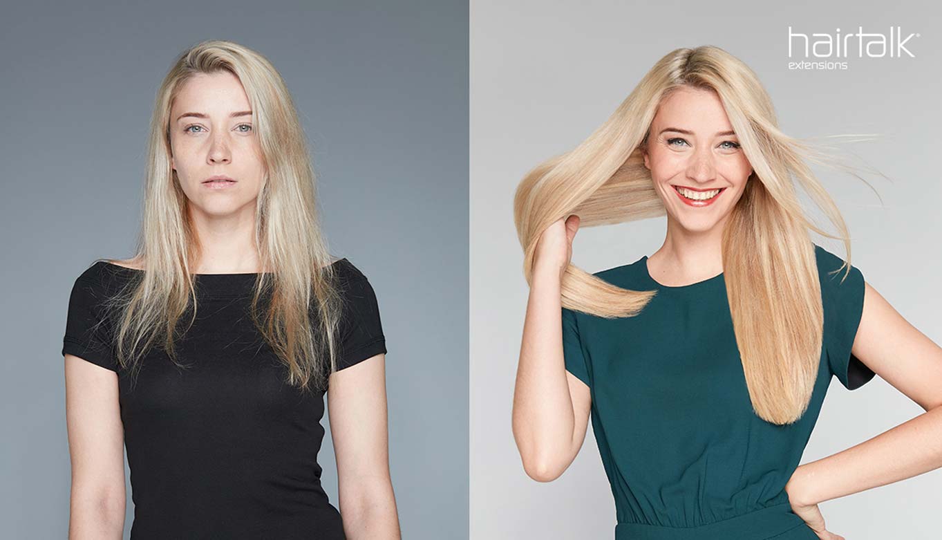 Vorher-Nachher der Haarverlängerung bei Louise & Fred – Top Friseursalon in München für elegante, glänzende Extensions.