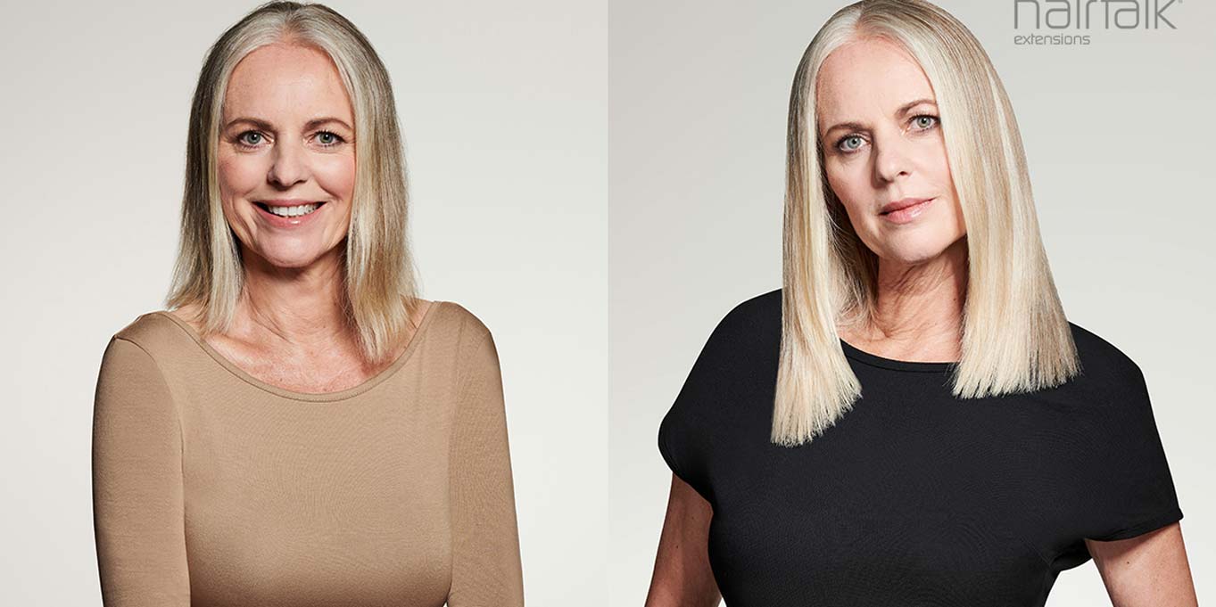 Luxus-Extensions Vorher-Nachher im Friseursalon Louise & Fred – für volles, glänzendes Haar und stilvolle Frisuren.