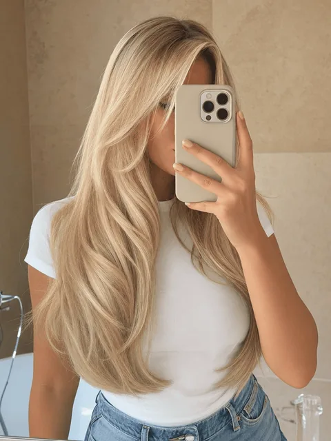 Kundin mit beige-blonden gestuften Haaren